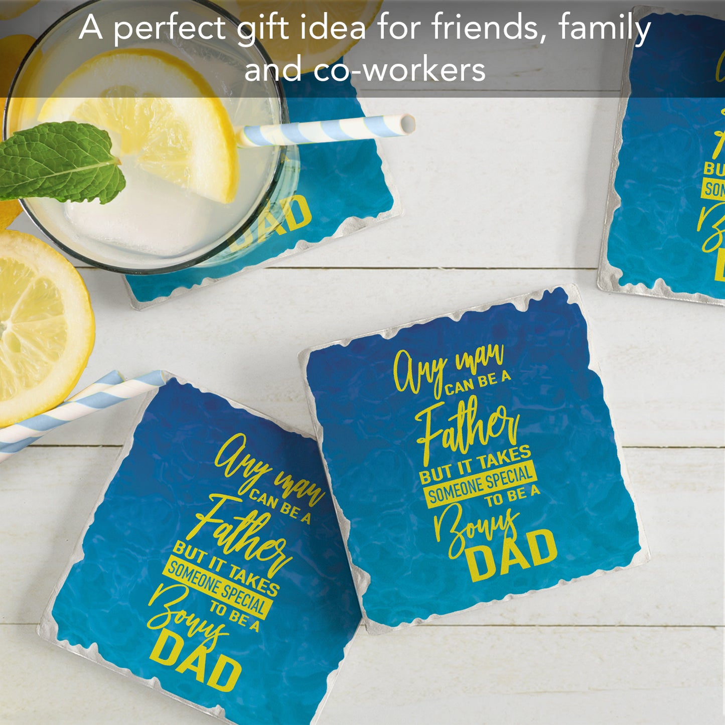 Thirstystone Bonus Dad 4 Pack Absorbent Stone Tumbled Tile Coasters with Protective Cork Backing 4" Square Manufactured in The USA Artistic Absorbent Easily Wipes Clean