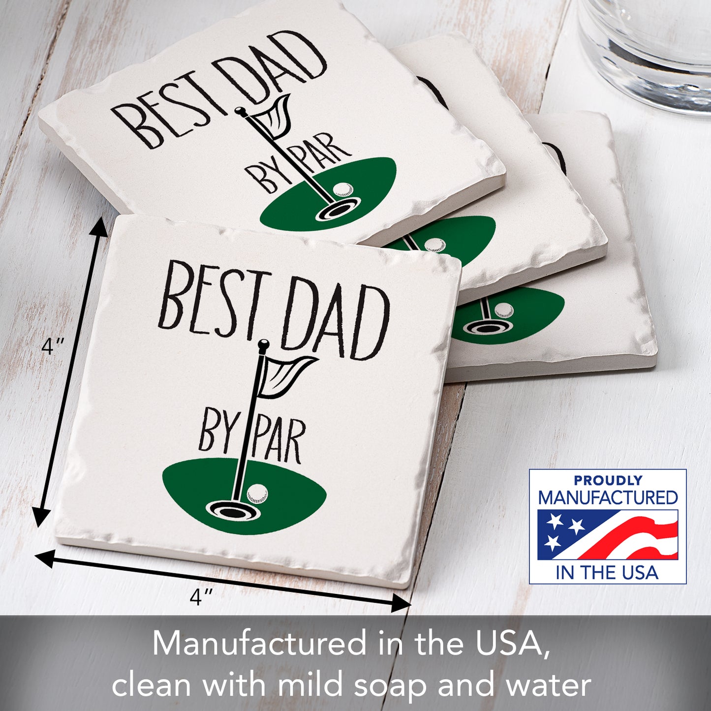 Thirstystone Best Dad by Par 4 Pack Absorbent Stone Tumbled Tile Coasters with Protective Cork Backing 4" Square Manufactured in The USA Artistic Absorbent Easily Wipes Clean