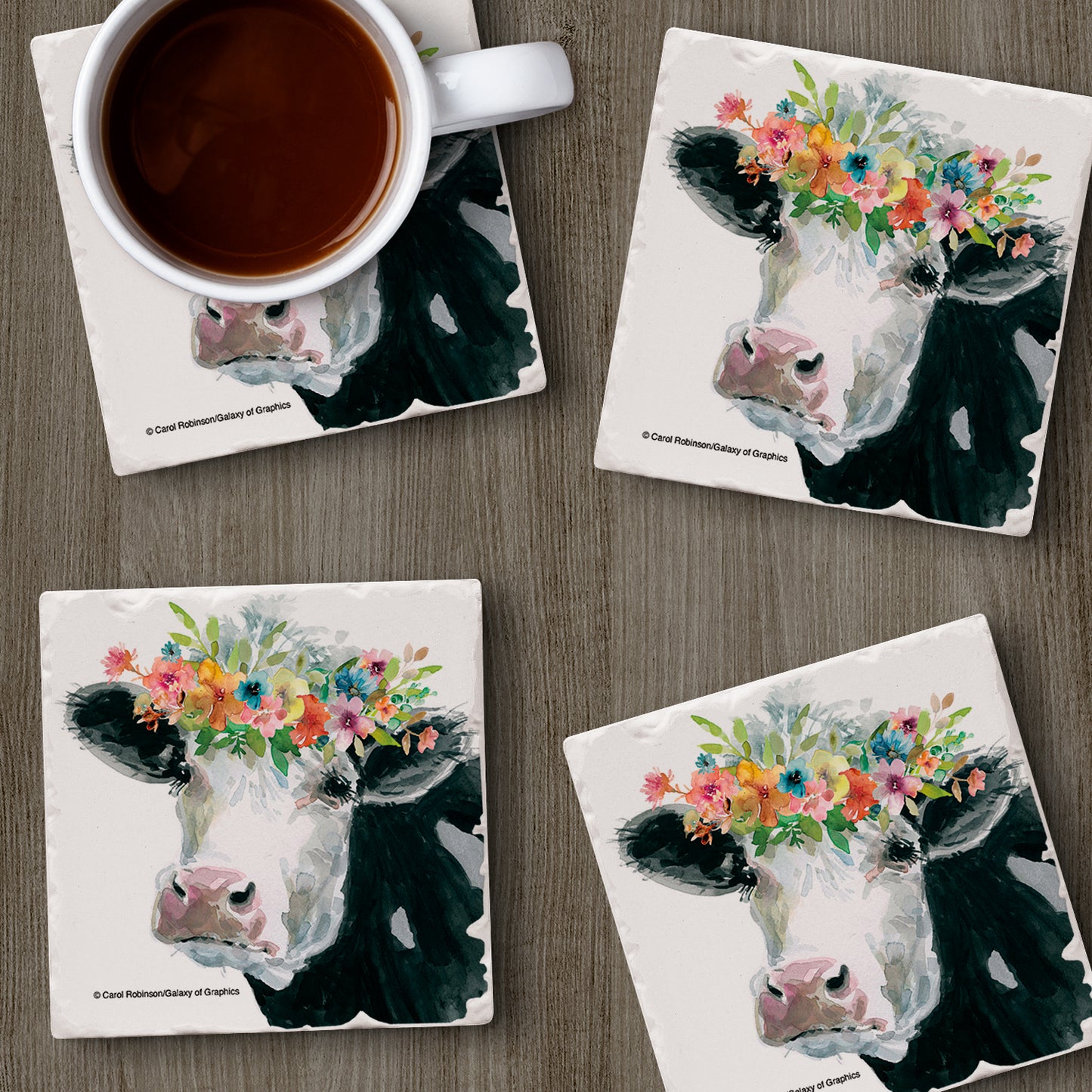 Thirstystone Floral Cow 4 Pack Tumbled Tile Stone Coasters 4" Square Manufactured in the USA