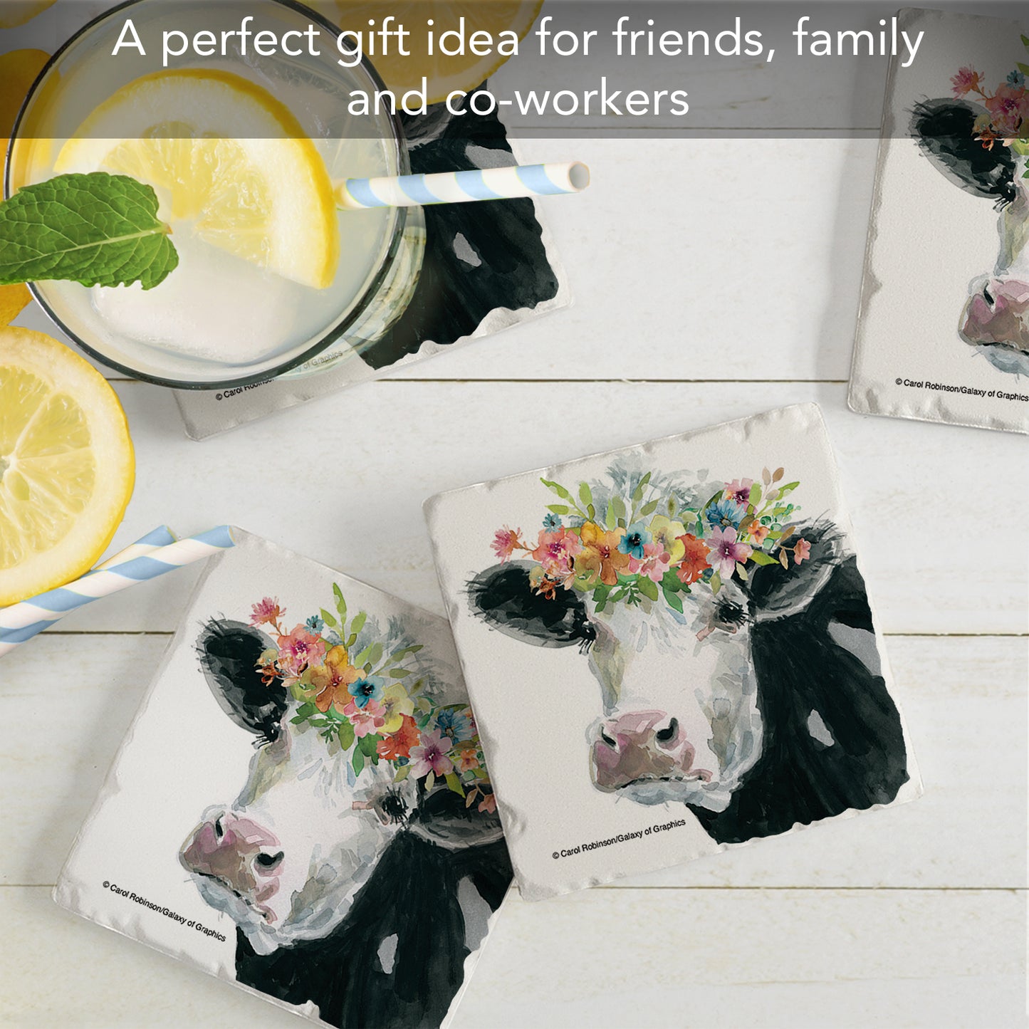 Thirstystone Floral Cow 4 Pack Tumbled Tile Stone Coasters 4" Square Manufactured in the USA
