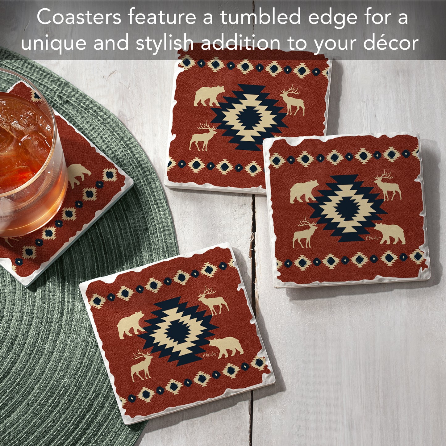 Thirstystone Aztec Lodge IV 4 Pack Tumbled Tile Stone Coasters 4" Square Manufactured in the USA