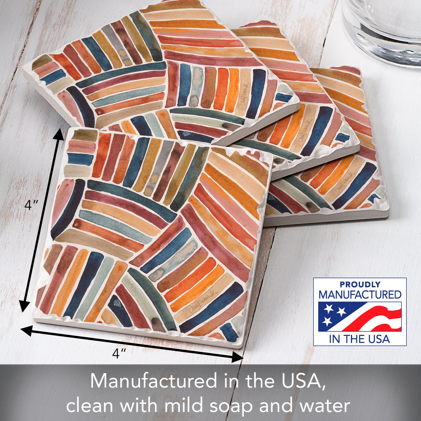 Thirstystone Furrow 4 Pack Tumbled Tile Stone Coasters 4" Square Manufactured in the USA
