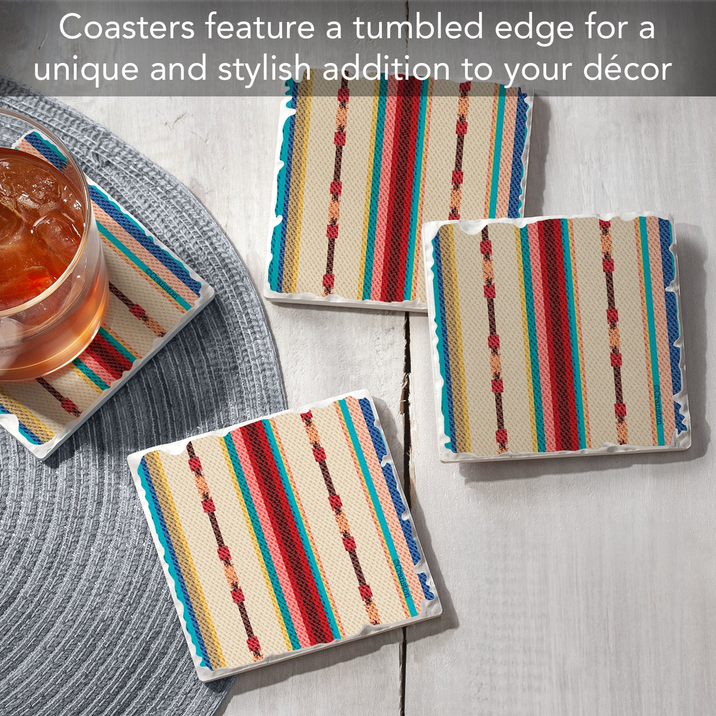 Thirstystone Southwest Multi-Stripe 4-Pack Tumbled Tile Stone Coasters 4" Square Manufactured in the USA