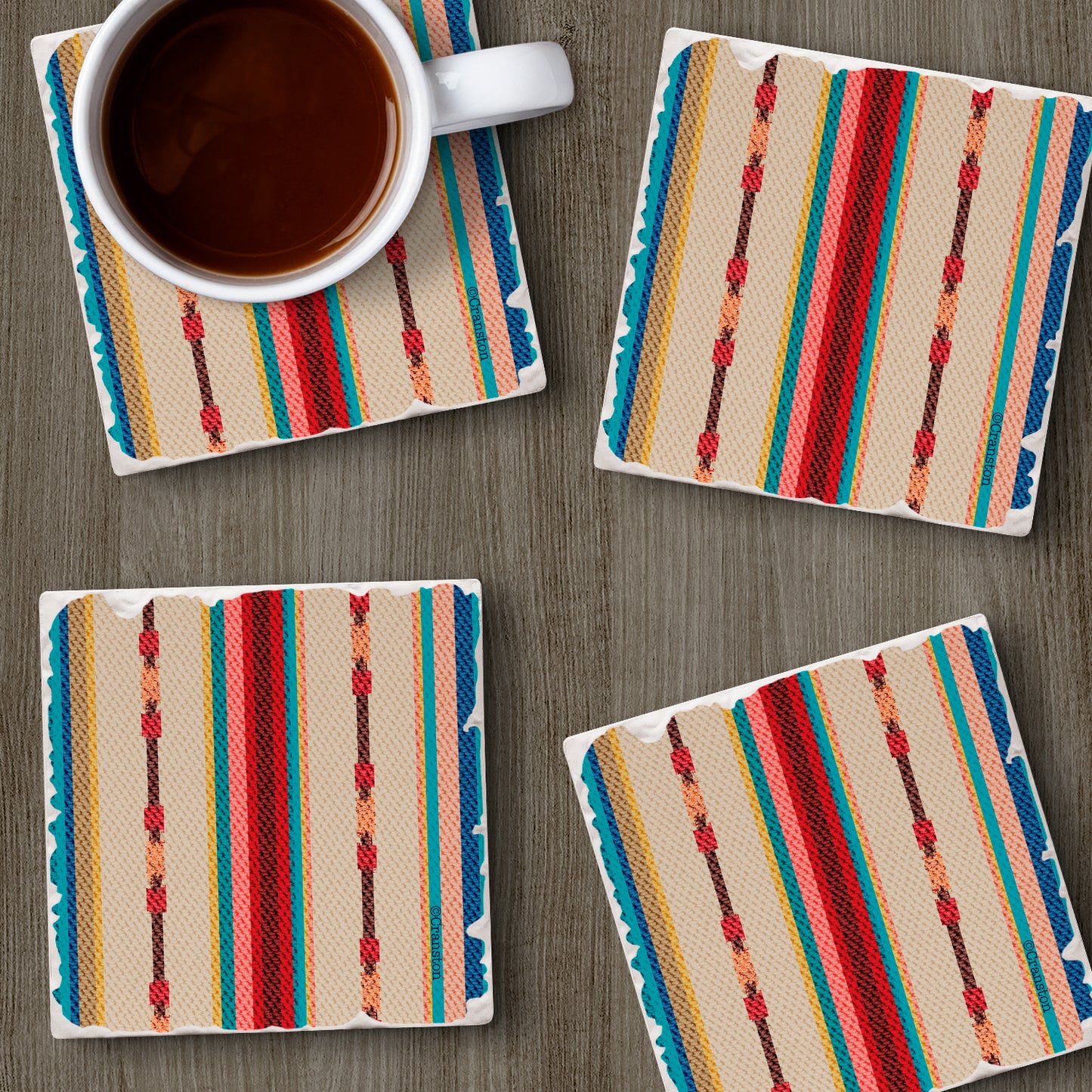 Thirstystone Southwest Multi-Stripe 4-Pack Tumbled Tile Stone Coasters 4" Square Manufactured in the USA