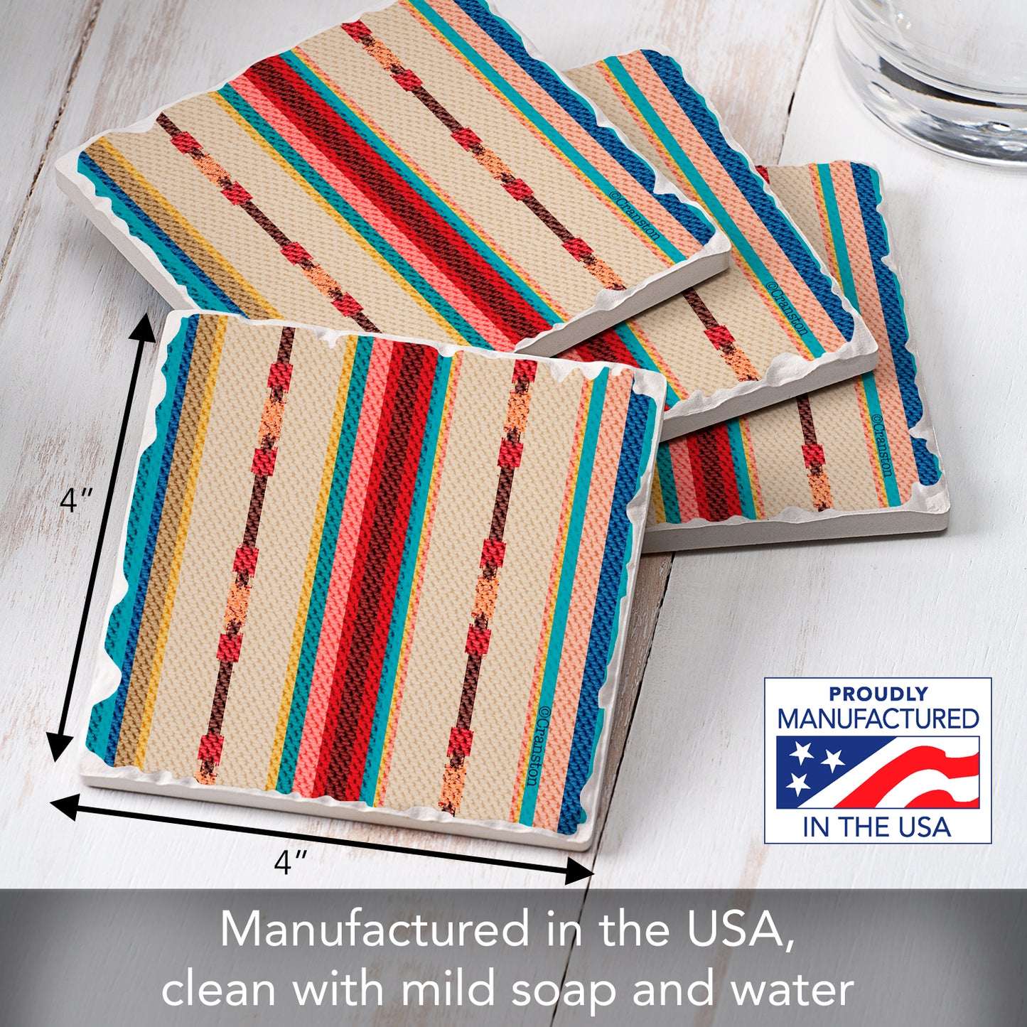 Thirstystone Southwest Multi-Stripe 4-Pack Tumbled Tile Stone Coasters 4" Square Manufactured in the USA