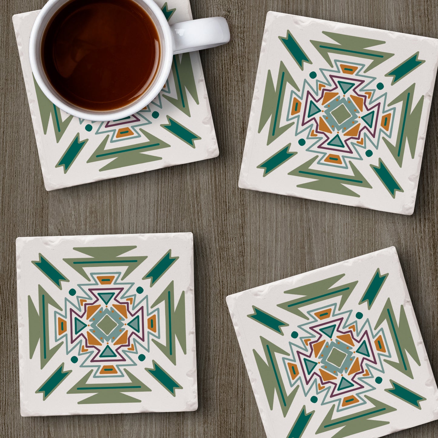 Thirstystone Green Navajo 4 Pack Tumbled Tile Stone Coasters 4" Square Manufactured in the USA
