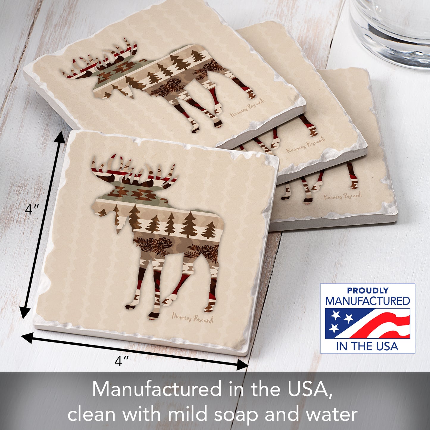 Thirstystone Patterned Moose 4 Pack Tumbled Tile Stone Coasters 4" Square Manufactured in The USA