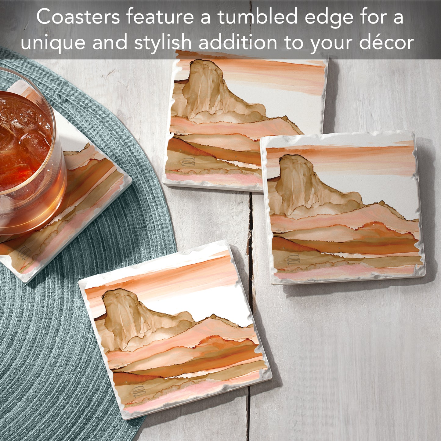Thirstystone Desertscape 4 Pack Tumbled Tile Stone Coasters 4" Square Manufactured in the USA