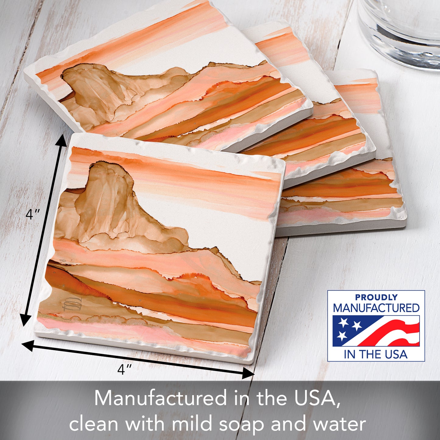 Thirstystone Desertscape 4 Pack Tumbled Tile Stone Coasters 4" Square Manufactured in the USA