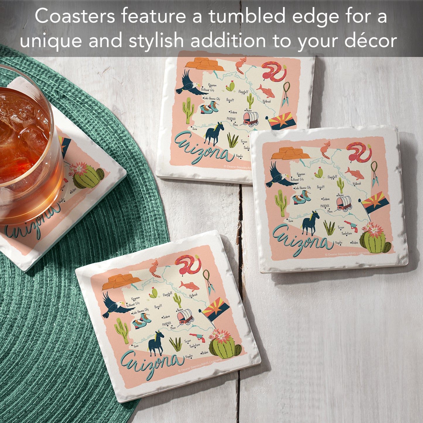 Thirstystone Arizona Home State 4 Pack Tumbled Tile Stone Coasters 4" Square Manufactured in the USA