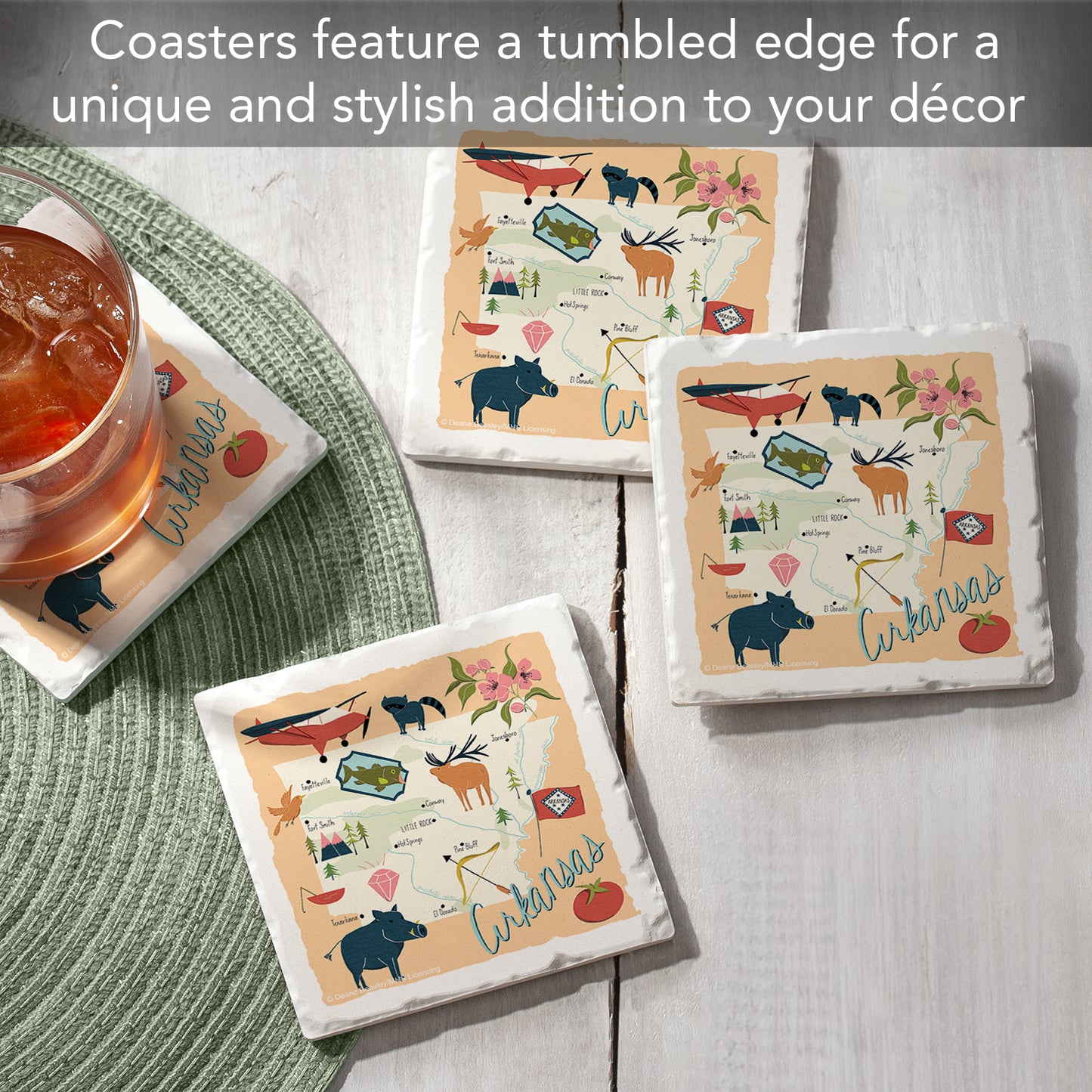 Thirstystone Arkansas Home State 4 Pack Tumbled Tile Stone Coasters 4" Square Manufactured in the USA