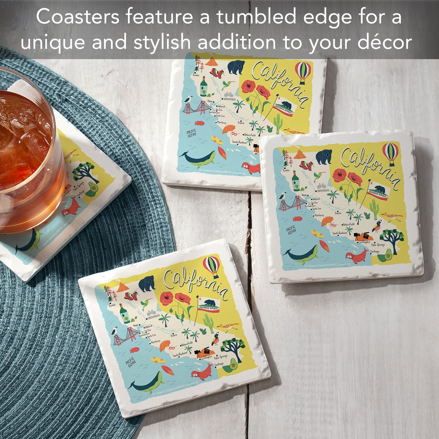 Thirstystone California Home State 4 Pack Tumbled Tile Stone Coasters 4" Square Manufactured in the USA