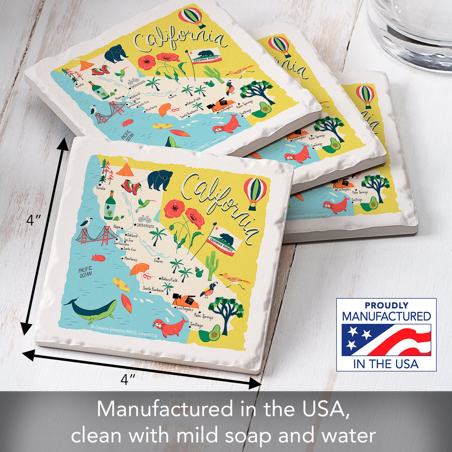 Thirstystone California Home State 4 Pack Tumbled Tile Stone Coasters 4" Square Manufactured in the USA