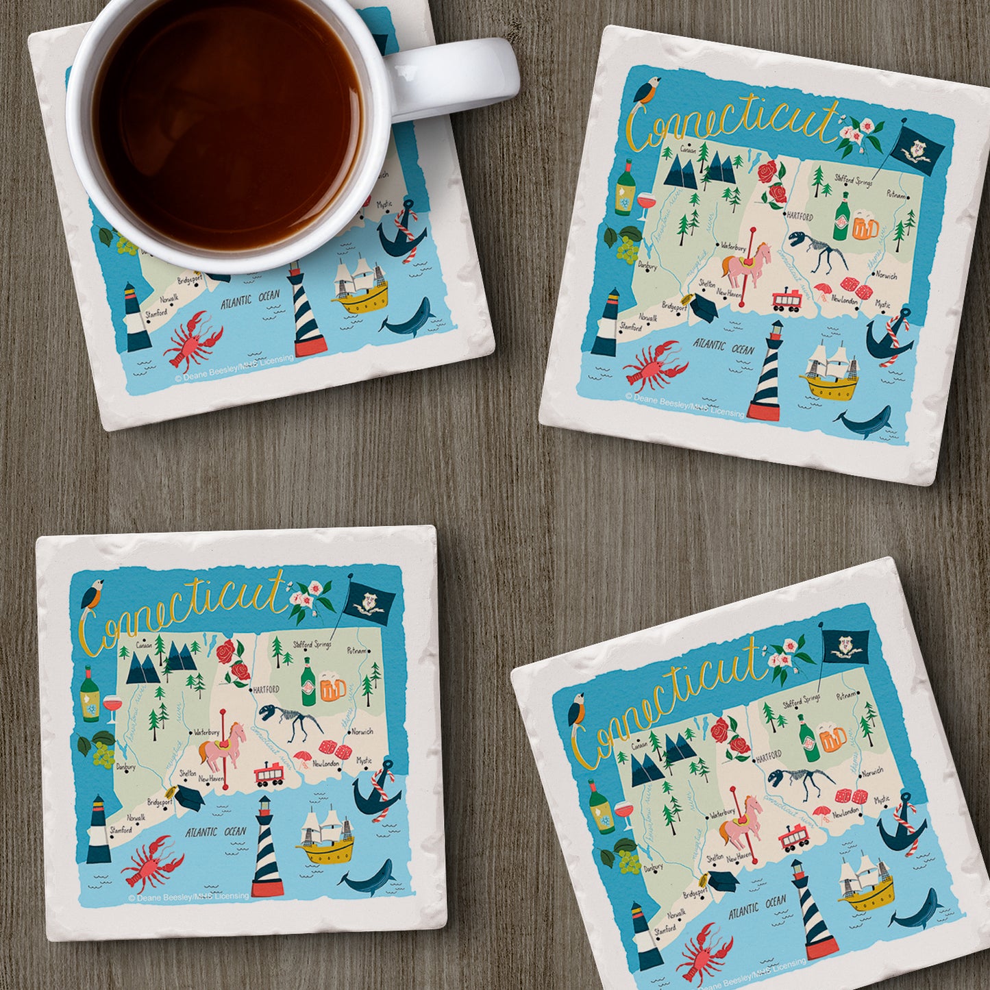 Thirstystone Connecticut Home State 4 Pack Tumbled Tile Stone Coasters 4" Square Manufactured in the USA