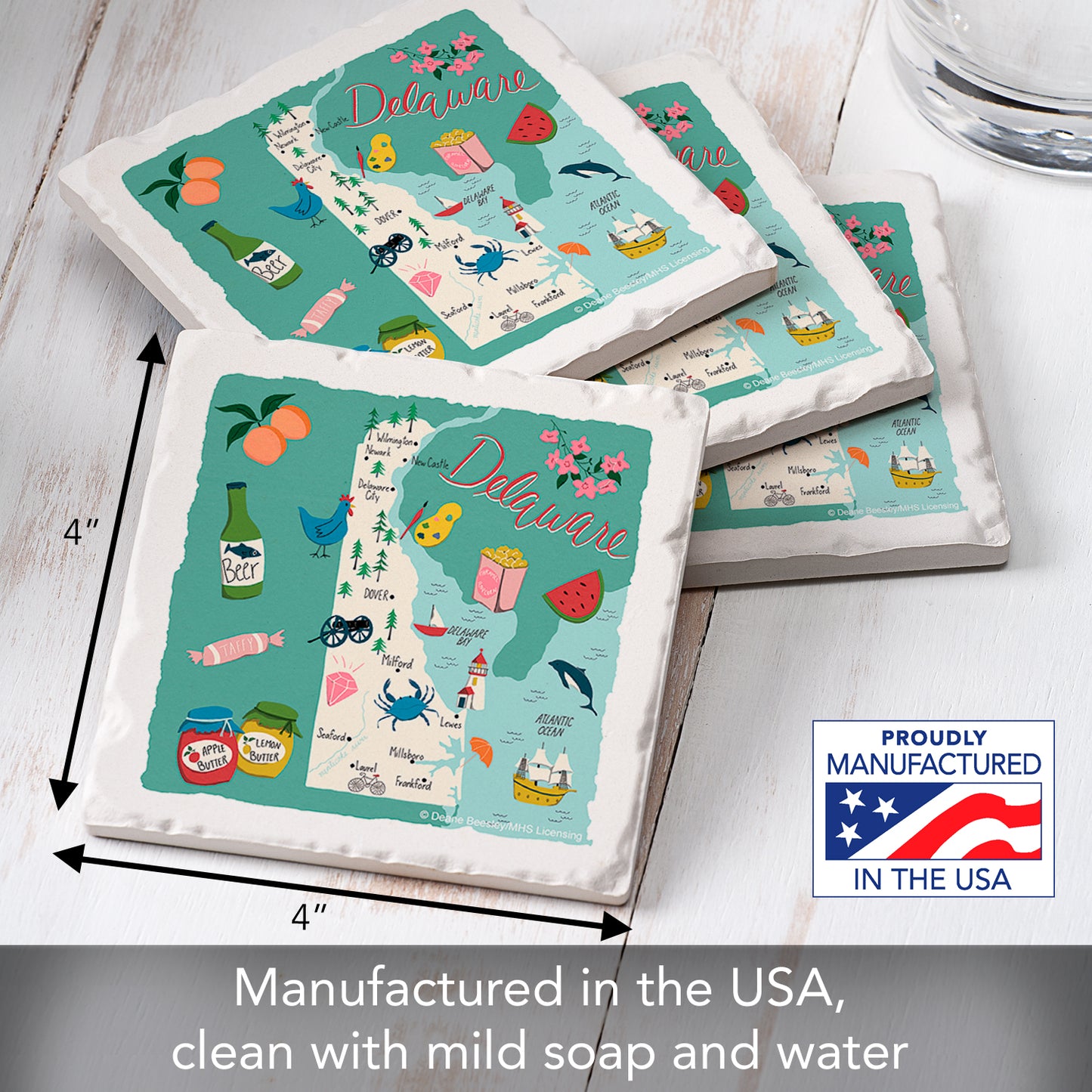 Thirstystone Delaware Home State 4 Pack Tumbled Tile Stone Coasters 4" Square Manufactured in the USA