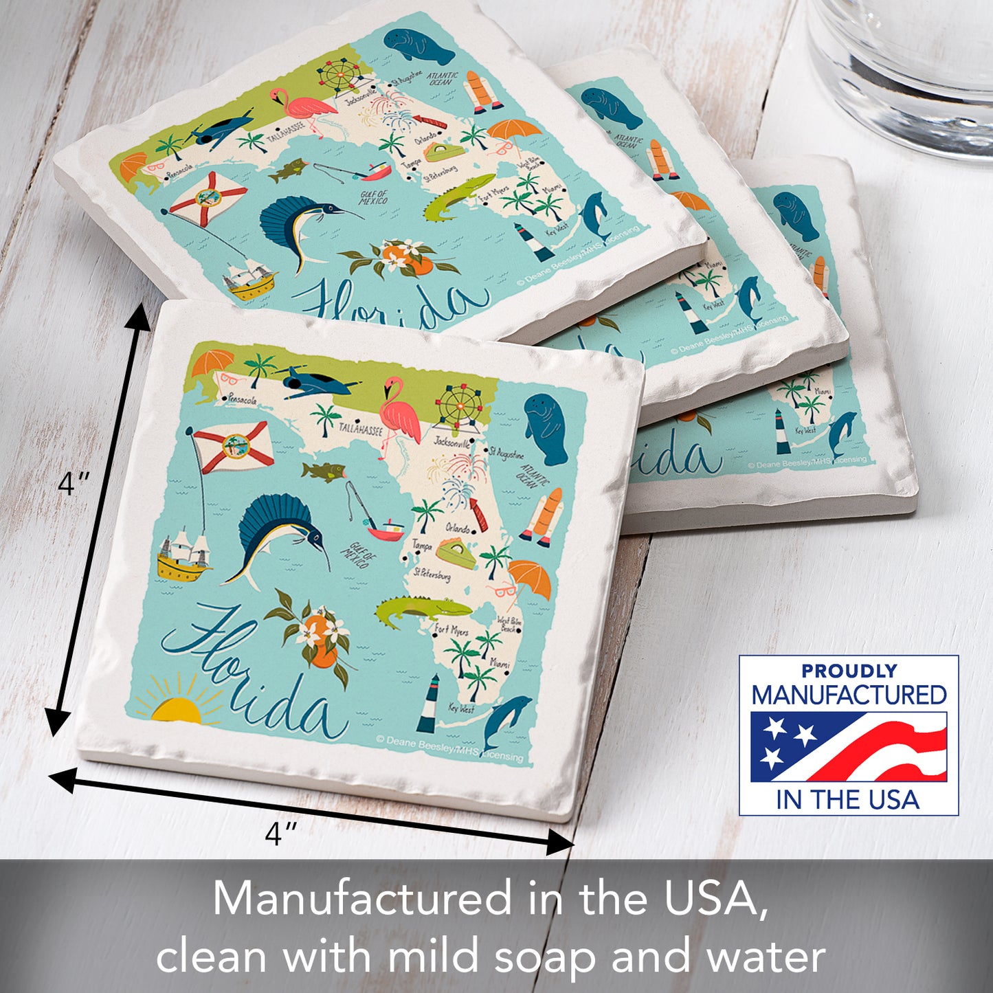 Thirstystone Florida Home State 4 Pack Tumbled Tile Stone Coasters 4" Square Manufactured in the USA
