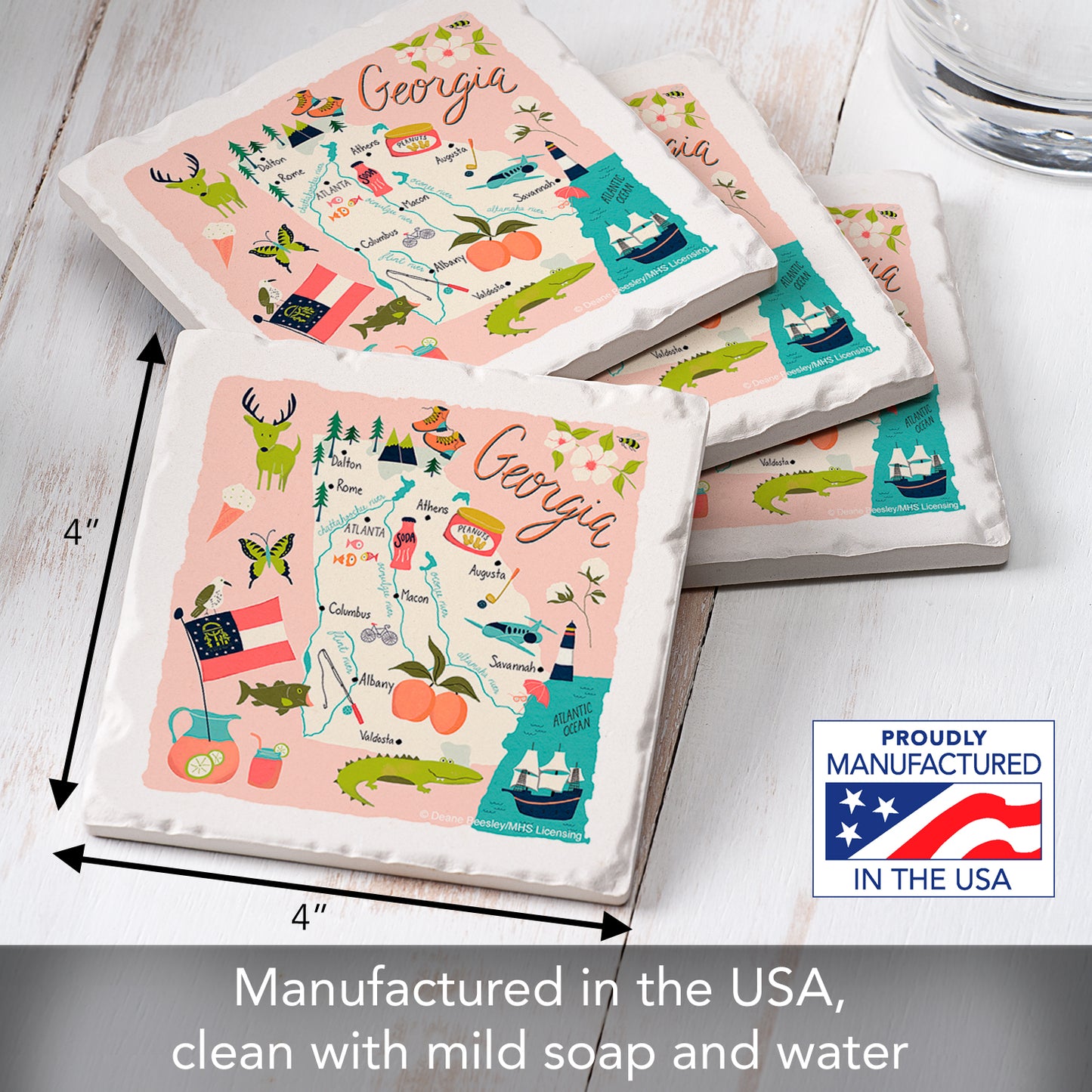 Thirstystone Georgia Home State 4 Pack Tumbled Tile Stone Coasters 4" Square Manufactured in the USA