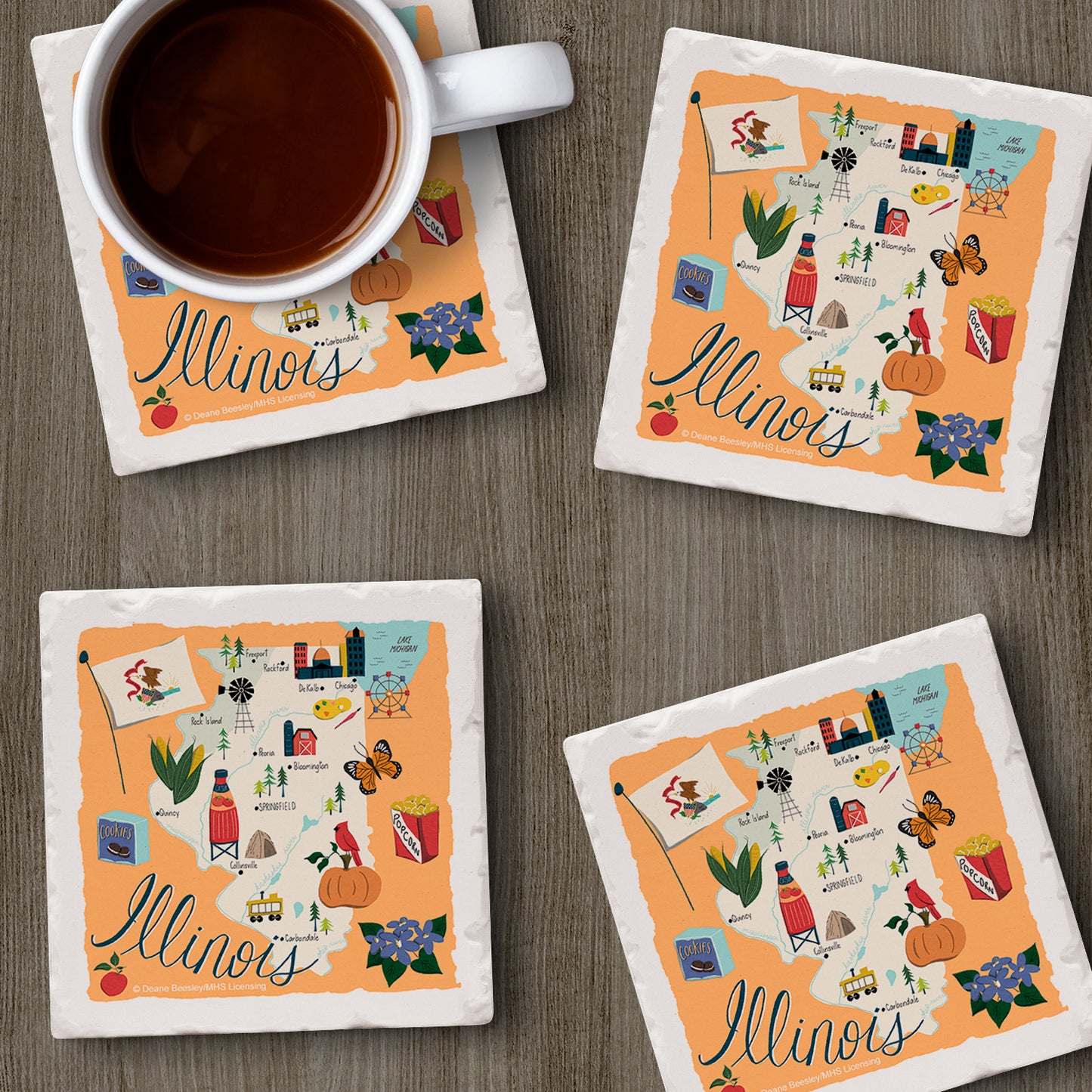 Thirstystone Illinois Home State 4 Pack Tumbled Tile Stone Coasters 4" Square Manufactured in the USA