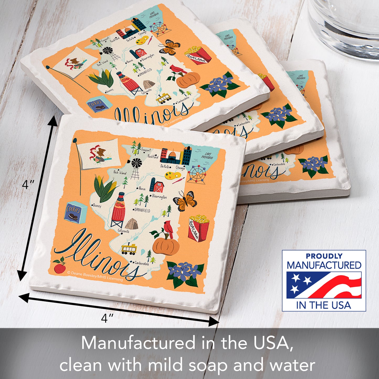 Thirstystone Illinois Home State 4 Pack Tumbled Tile Stone Coasters 4" Square Manufactured in the USA