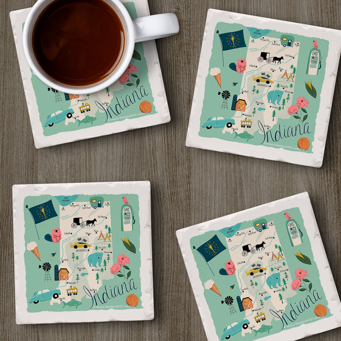 Thirstystone Indiana Home State 4 Pack Tumbled Tile Stone Coasters 4" Square Manufactured in the USA