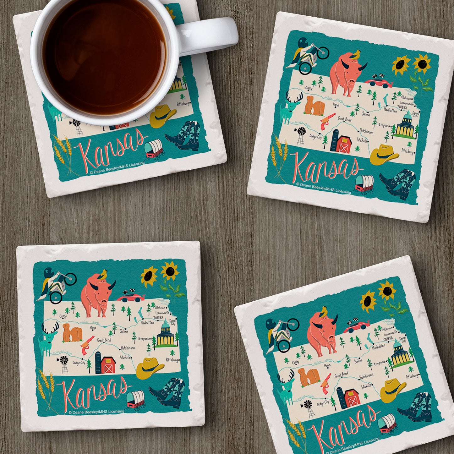 Thirstystone Kansas Home State 4 Pack Tumbled Tile Stone Coasters 4" Square Manufactured in the USA