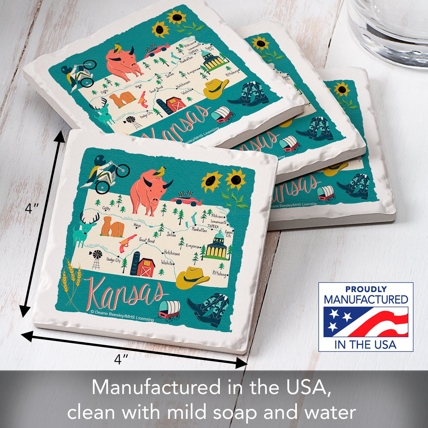Thirstystone Kansas Home State 4 Pack Tumbled Tile Stone Coasters 4" Square Manufactured in the USA