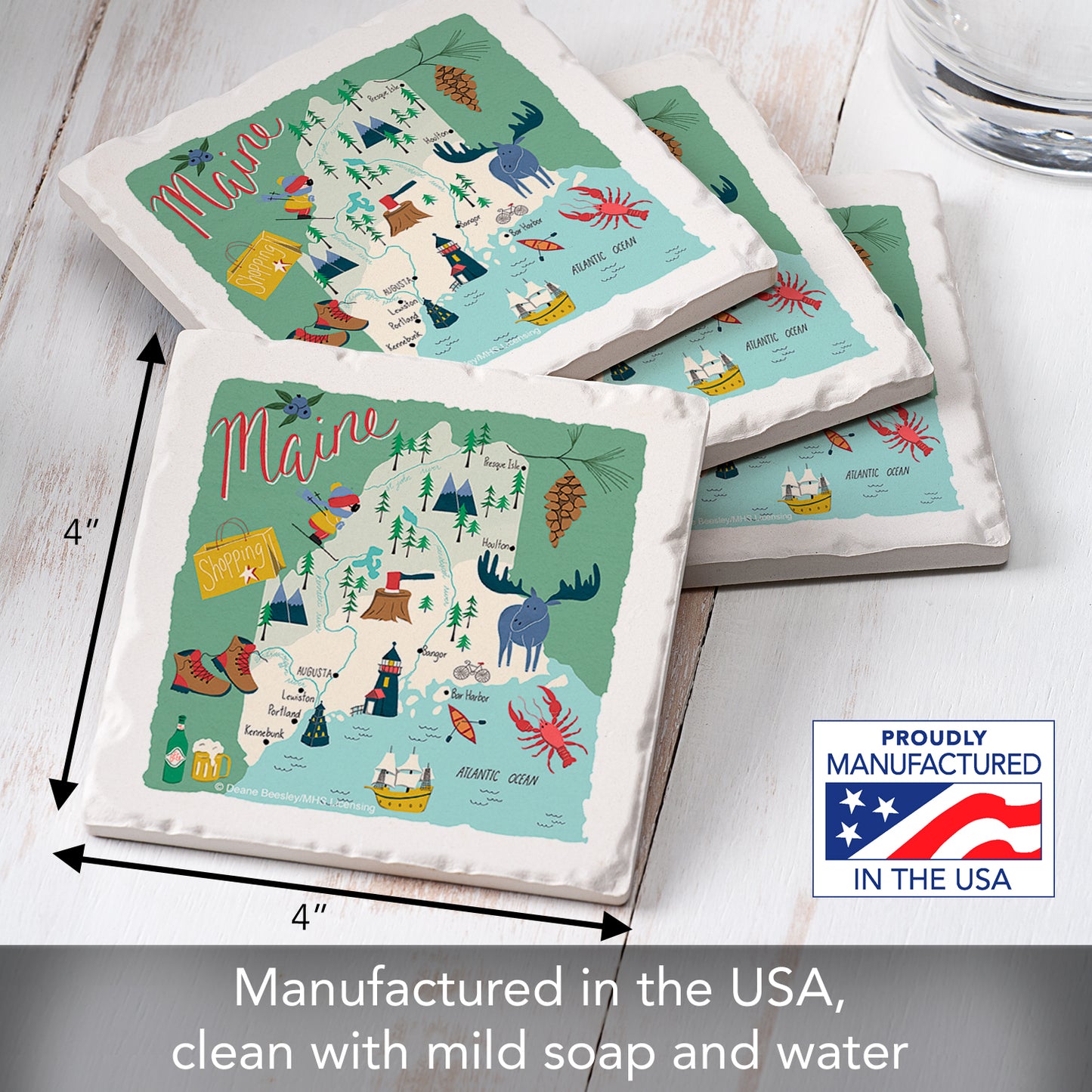 Thirstystone Maine Home State 4 Pack Tumbled Tile Stone Coasters 4" Square Manufactured in the USA