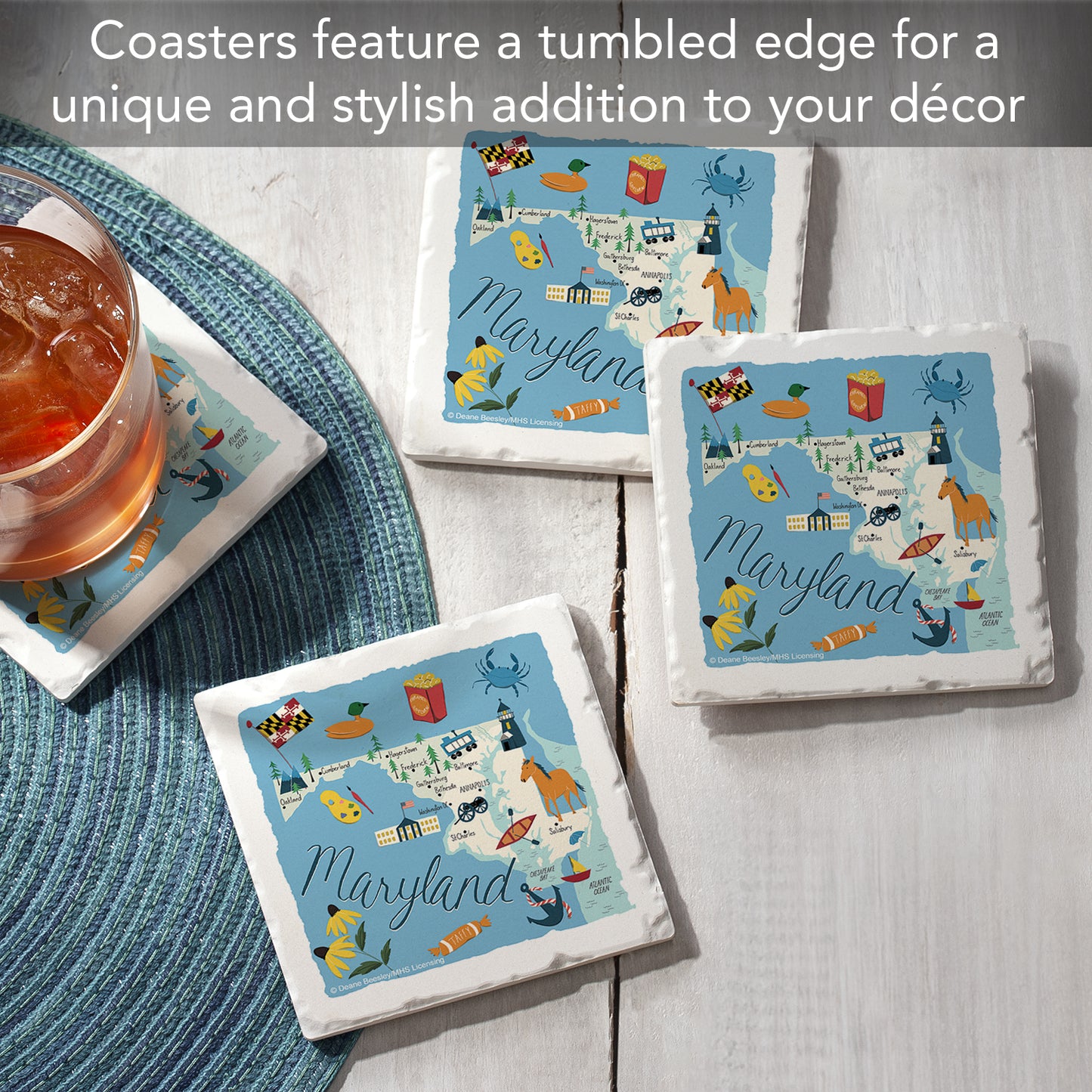 Thirstystone Maryland Home State 4 Pack Tumbled Tile Stone Coasters 4" Square Manufactured in the USA