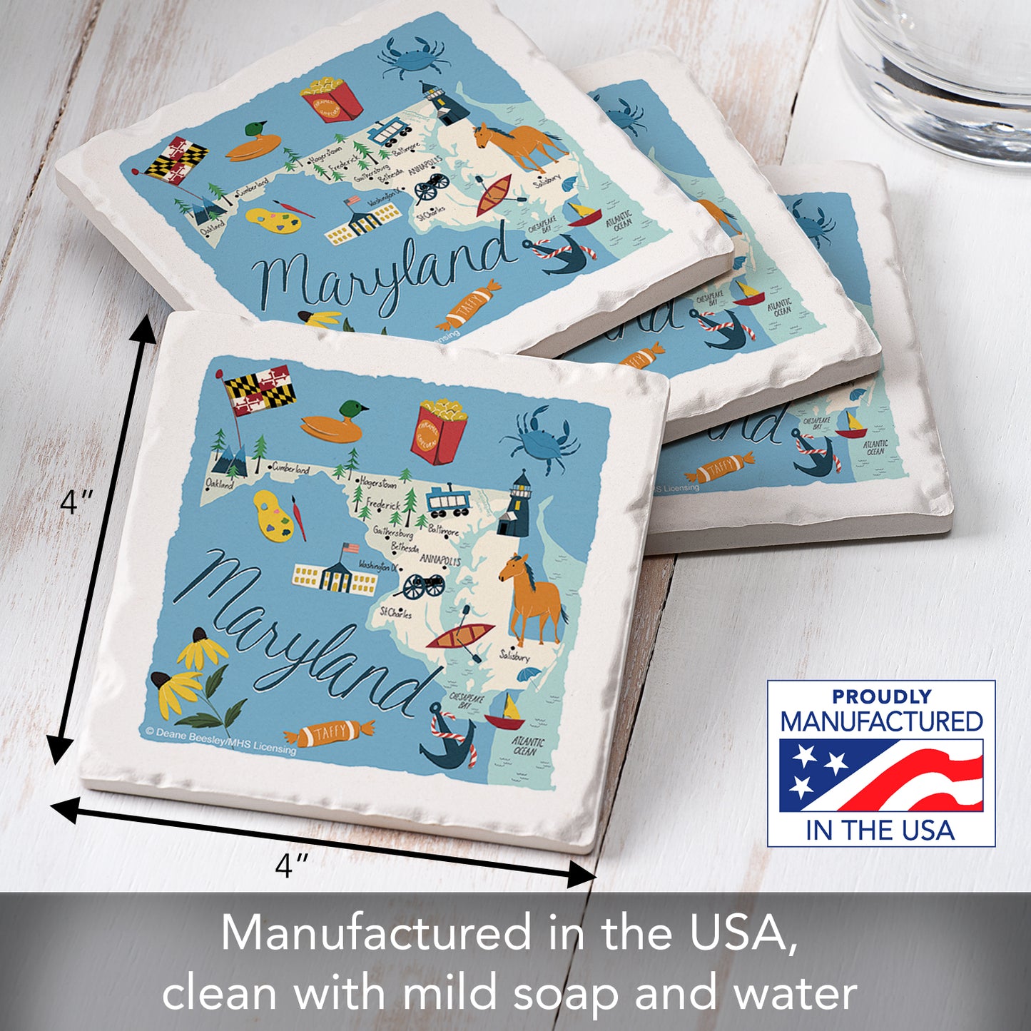 Thirstystone Maryland Home State 4 Pack Tumbled Tile Stone Coasters 4" Square Manufactured in the USA