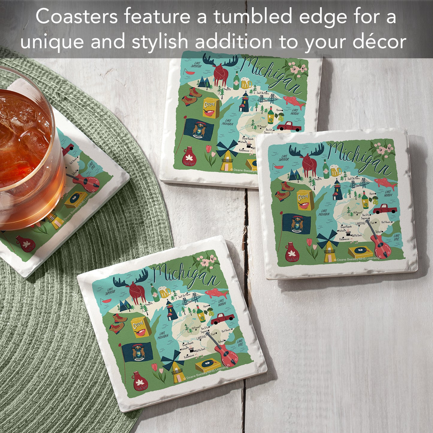 Thirstystone Michigan Home State 4 Pack Tumbled Tile Stone Coasters 4" Square Manufactured in the USA