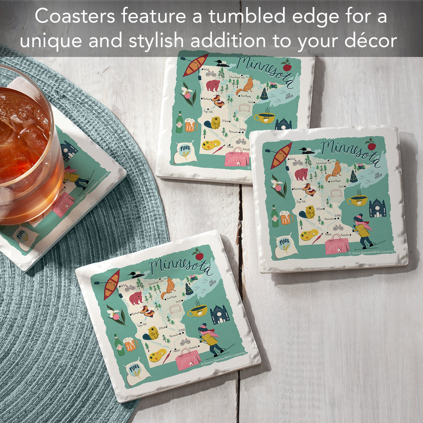 Thirstystone Minnesota Home State 4 Pack Tumbled Tile Stone Coasters 4" Square Manufactured in the USA