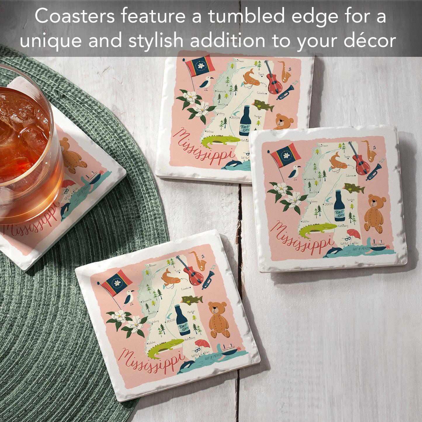 Thirstystone Mississippi Home State 4 Pack Tumbled Tile Stone Coasters 4" Square Manufactured in the USA