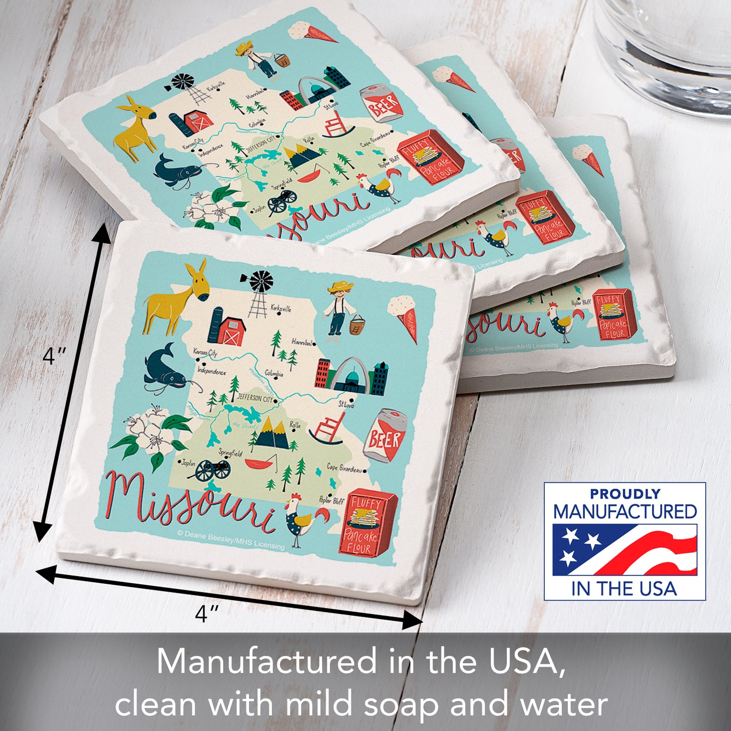 Thirstystone Missouri Home State 4 Pack Tumbled Tile Stone Coasters 4" Square Manufactured in the USA