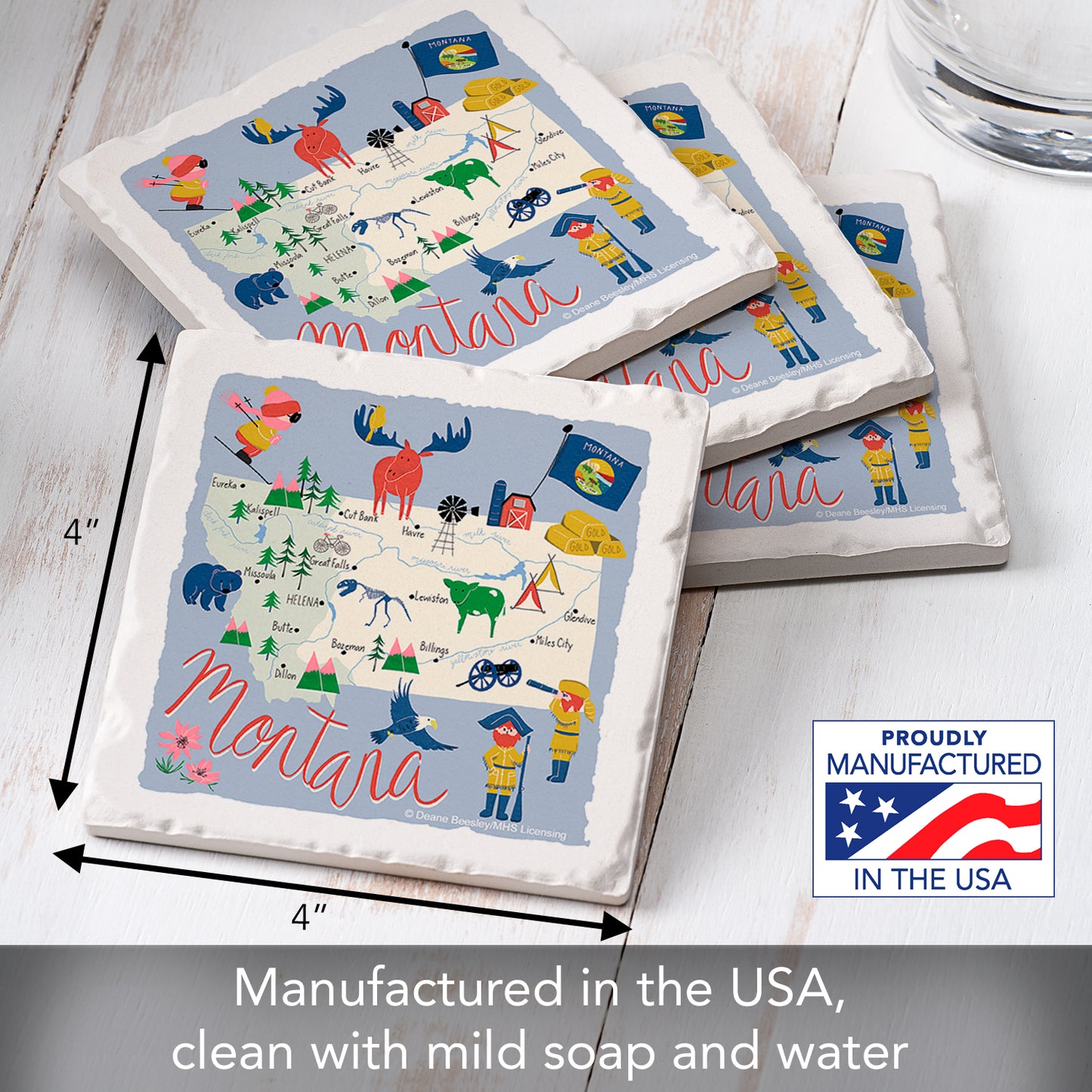 Thirstystone Montana Home State 4 Pack Tumbled Tile Stone Coasters 4" Square Manufactured in the USA
