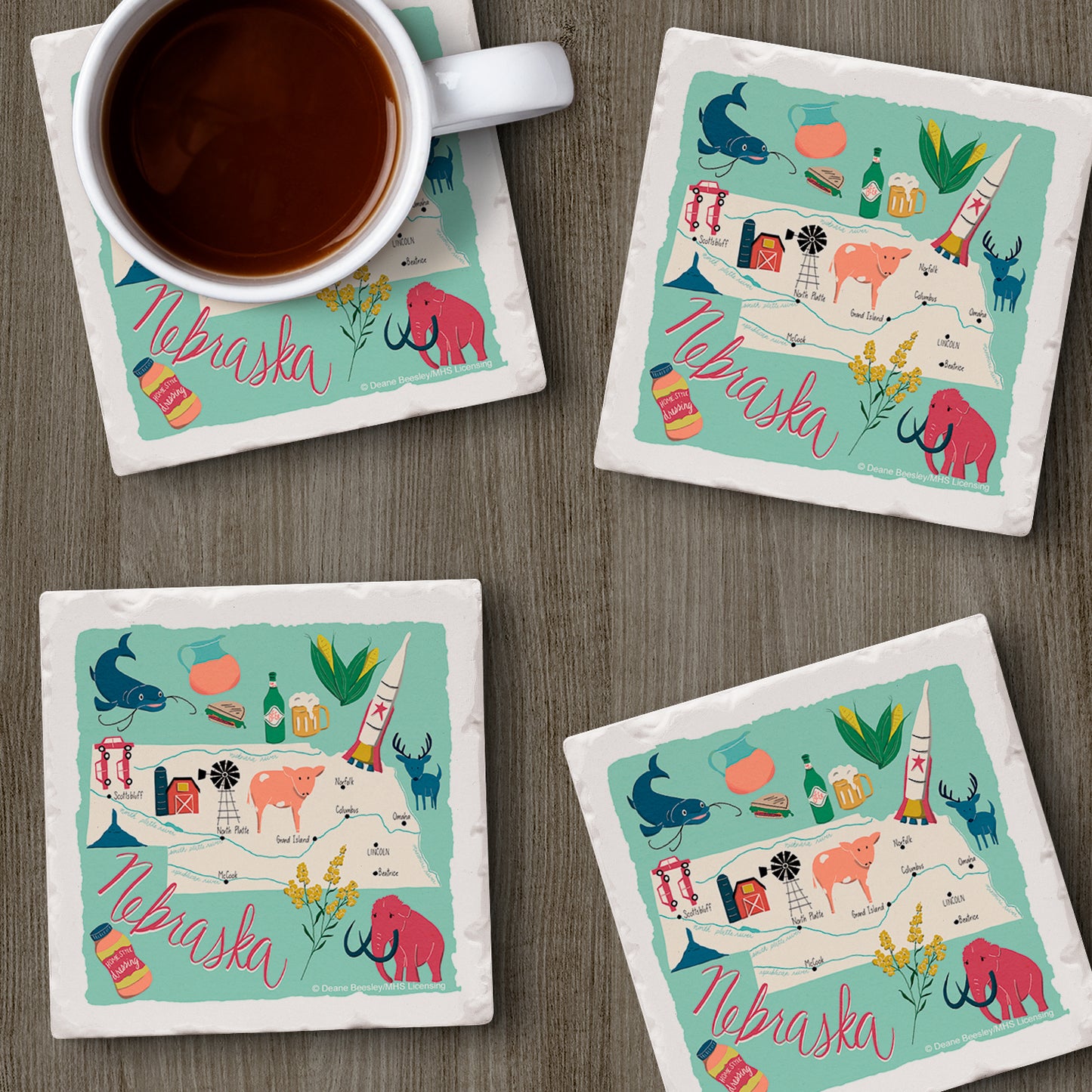 Thirstystone Nebraska Home State 4 Pack Tumbled Tile Stone Coasters with Protective Cork Backing 4" Square Manufactured in The USA Artistic Absorbent Easily Wipes Clean