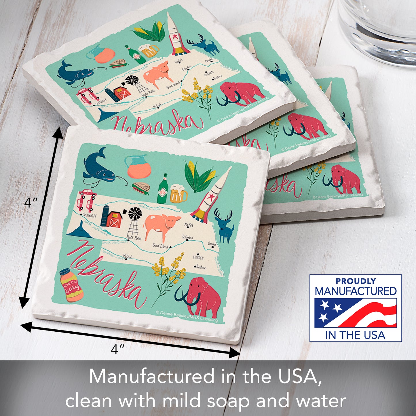 Thirstystone Nebraska Home State 4 Pack Tumbled Tile Stone Coasters with Protective Cork Backing 4" Square Manufactured in The USA Artistic Absorbent Easily Wipes Clean