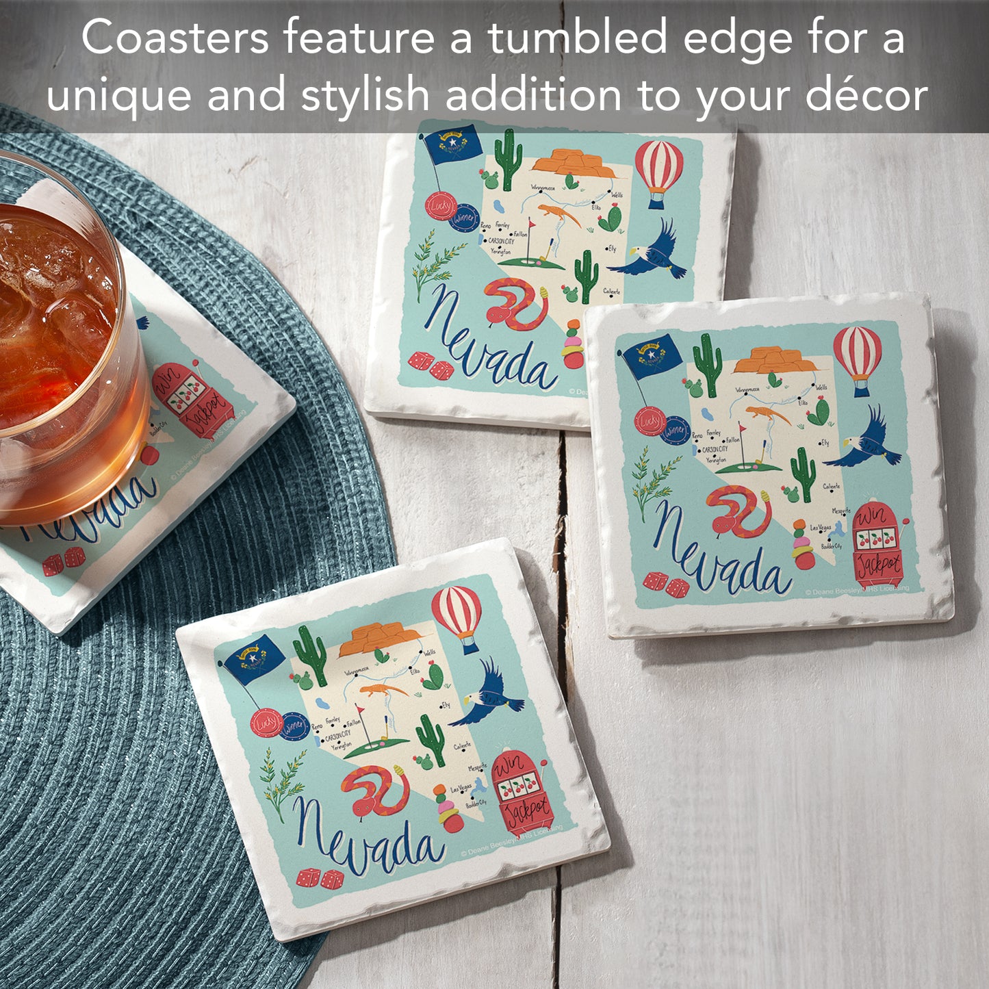 Thirstystone Nevada Home State 4 Pack Tumbled Tile Stone Coasters 4" Square Manufactured in the USA