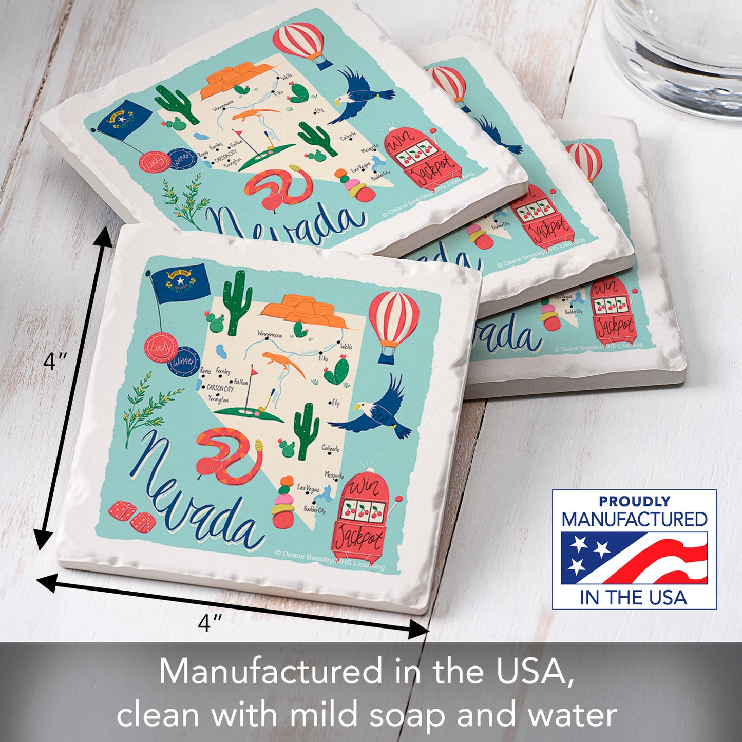 Thirstystone Nevada Home State 4 Pack Tumbled Tile Stone Coasters 4" Square Manufactured in the USA