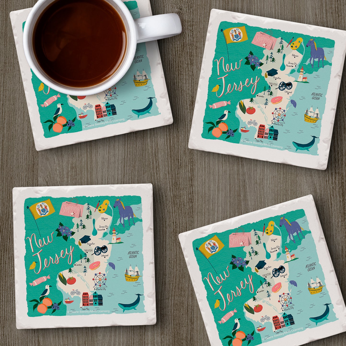 Thirstystone New Jersey Home State 4 Pack Tumbled Tile Stone Coasters 4" Square Manufactured in the USA
