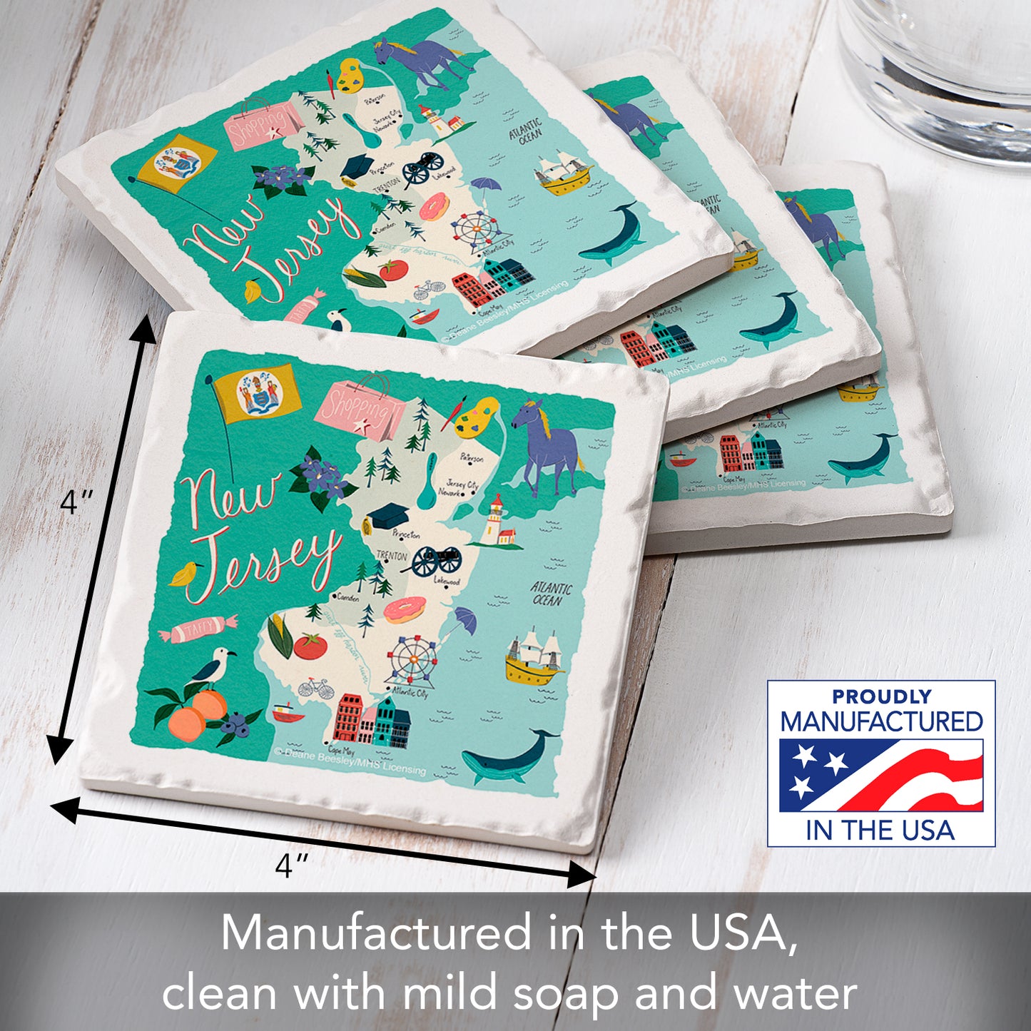 Thirstystone New Jersey Home State 4 Pack Tumbled Tile Stone Coasters 4" Square Manufactured in the USA