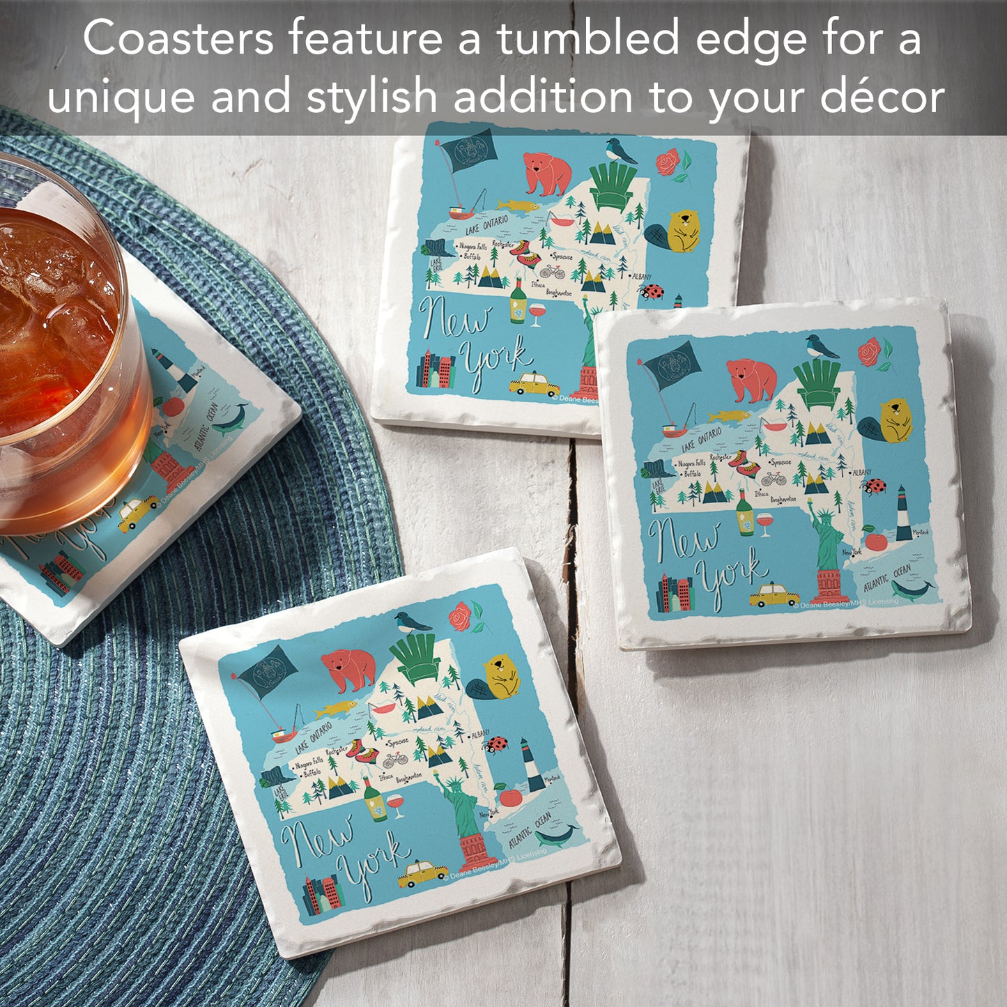 Thirstystone New York Home State 4 Pack Tumbled Tile Stone Coasters 4" Square Manufactured in the USA