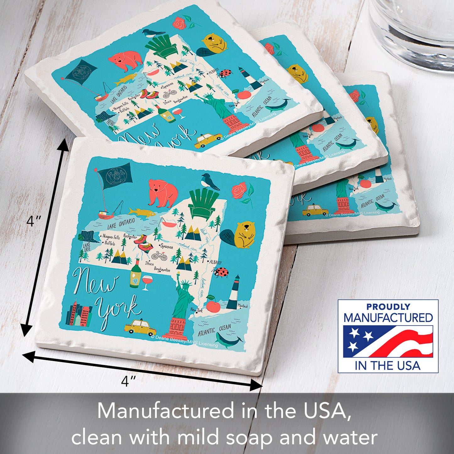Thirstystone New York Home State 4 Pack Tumbled Tile Stone Coasters 4" Square Manufactured in the USA