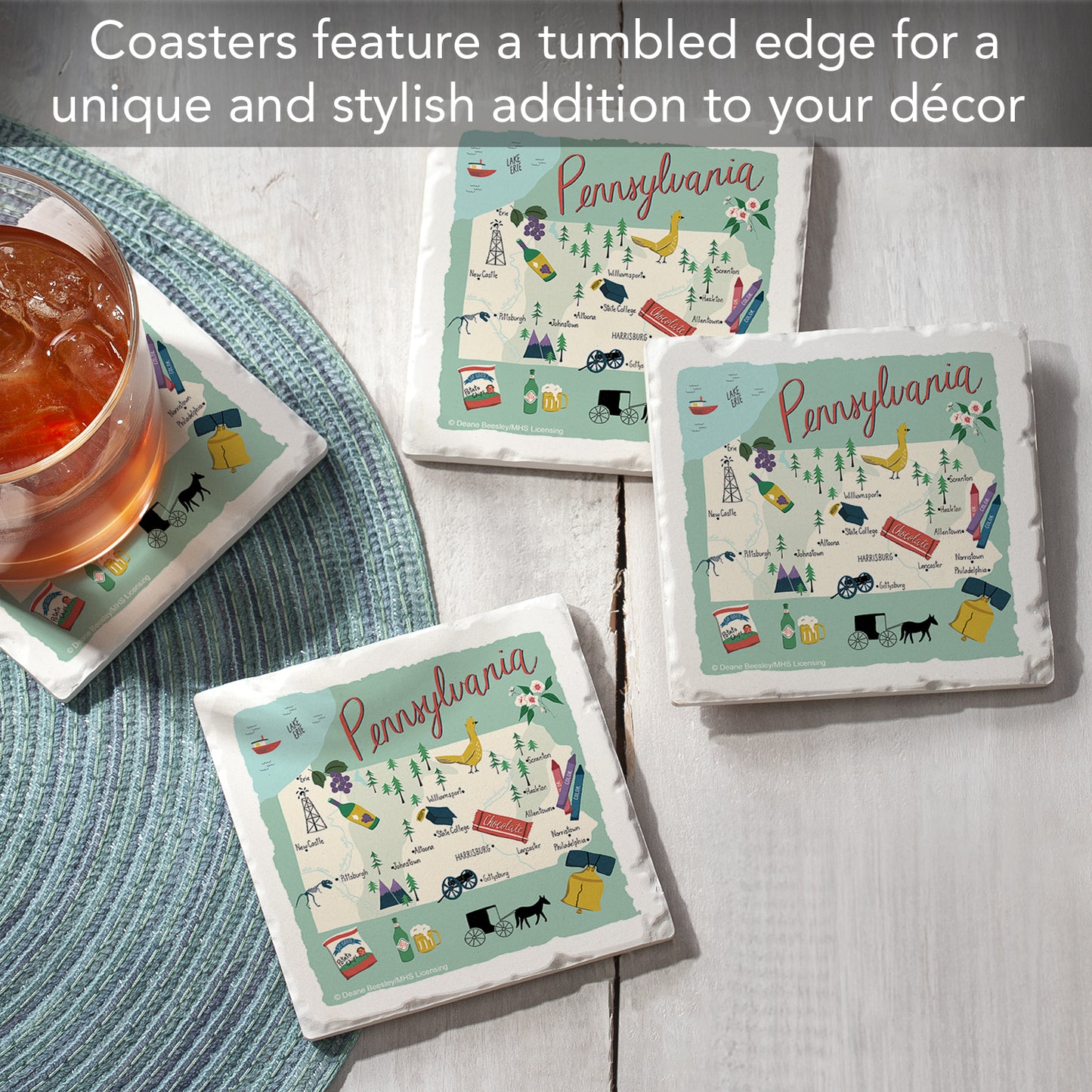 Thirstystone Pennsylvania Home State 4 Pack Tumbled Tile Stone Coasters 4" Square Manufactured in the USA