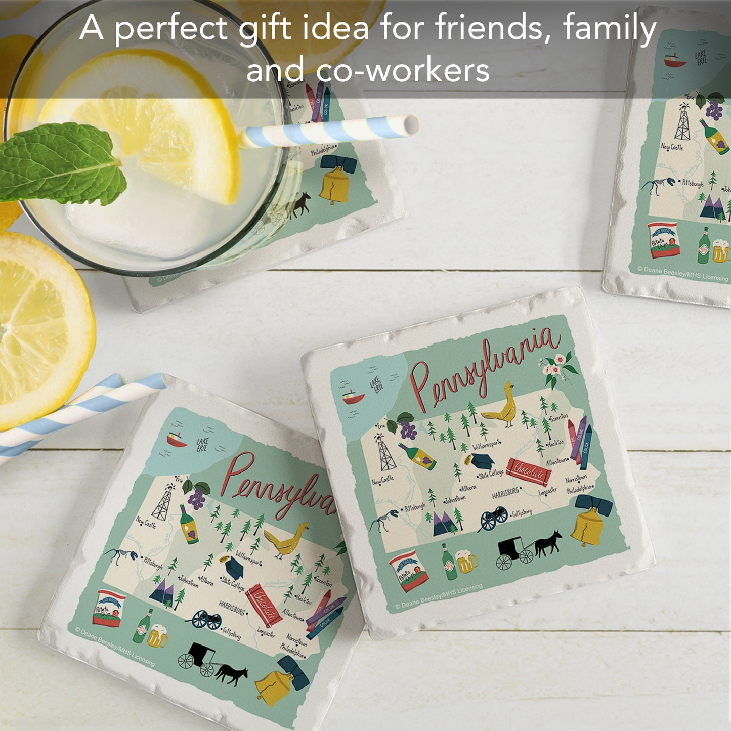 Thirstystone Pennsylvania Home State 4 Pack Tumbled Tile Stone Coasters 4" Square Manufactured in the USA