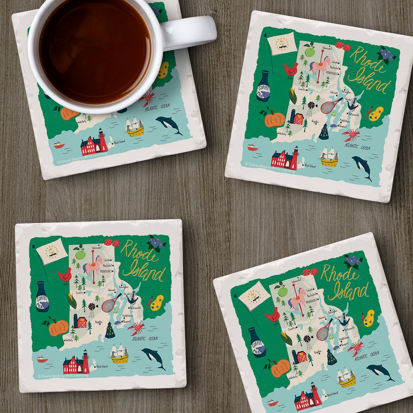 Thirstystone Rhode Island Home State 4 Pack Tumbled Tile Stone Coasters 4" Square Manufactured in the USA