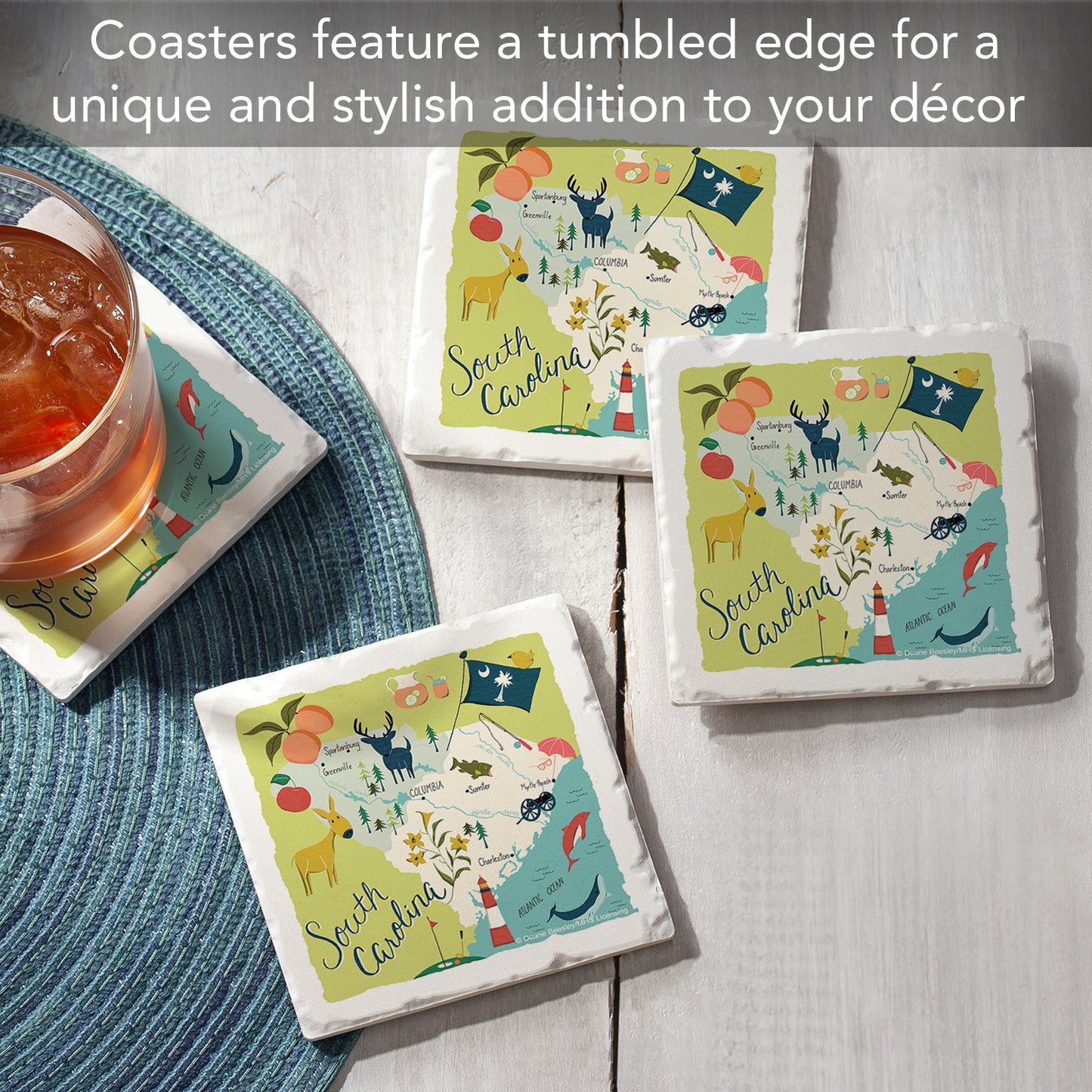 Thirstystone South Carolina Home State 4 Pack Tumbled Tile Stone Coasters 4" Square Manufactured in the USA