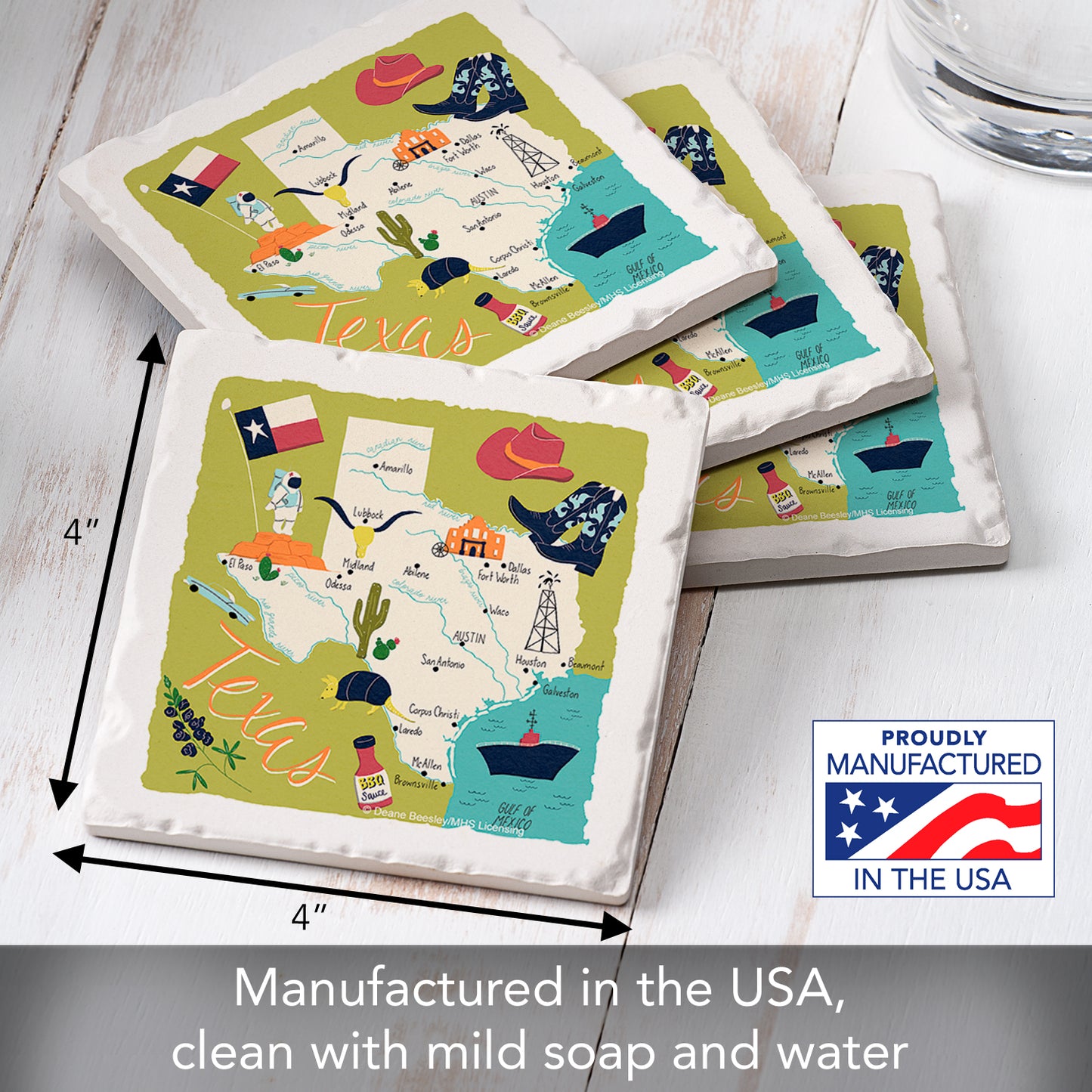 Thirstystone Texas Home State 4 Pack Tumbled Tile Stone Coasters 4" Square Manufactured in the USA