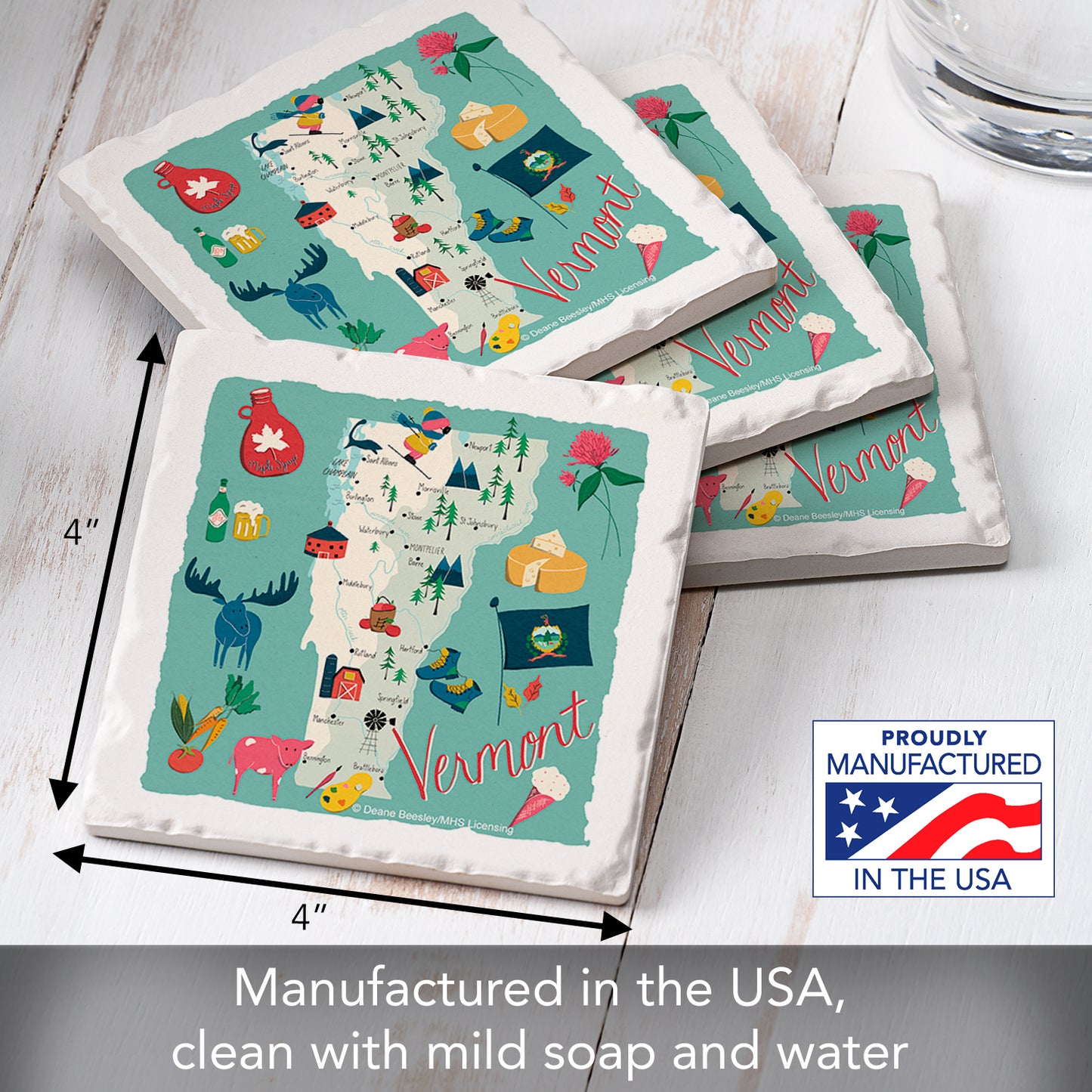 Thirstystone Vermont Home State 4 Pack Tumbled Tile Stone Coasters 4" Square Manufactured in the USA