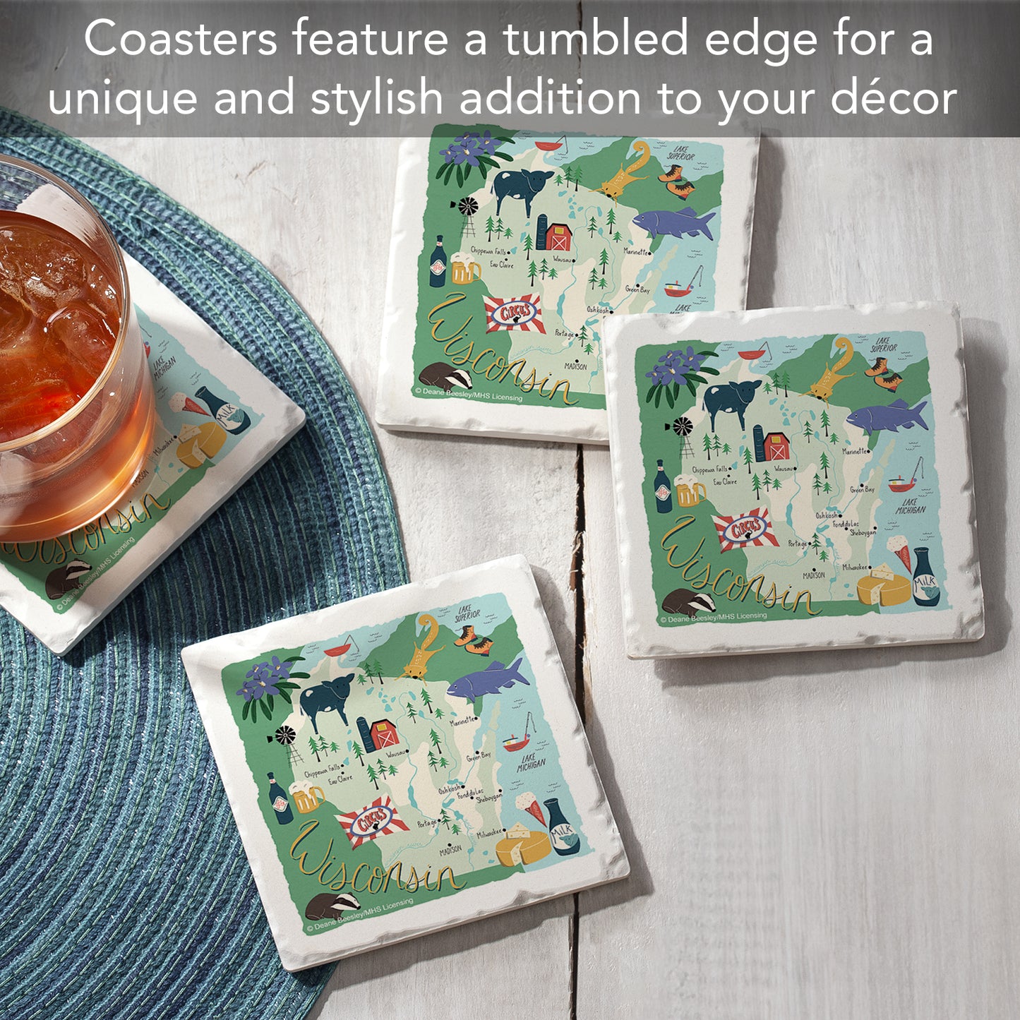 Thirstystone Wisconsin Home State 4 Pack Tumbled Tile Stone Coasters 4" Square Manufactured in the USA