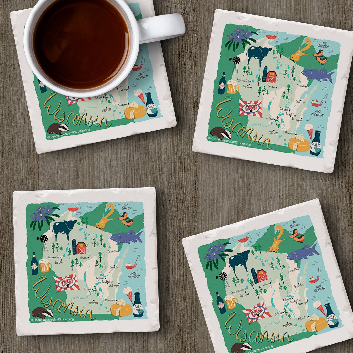 Thirstystone Wisconsin Home State 4 Pack Tumbled Tile Stone Coasters 4" Square Manufactured in the USA